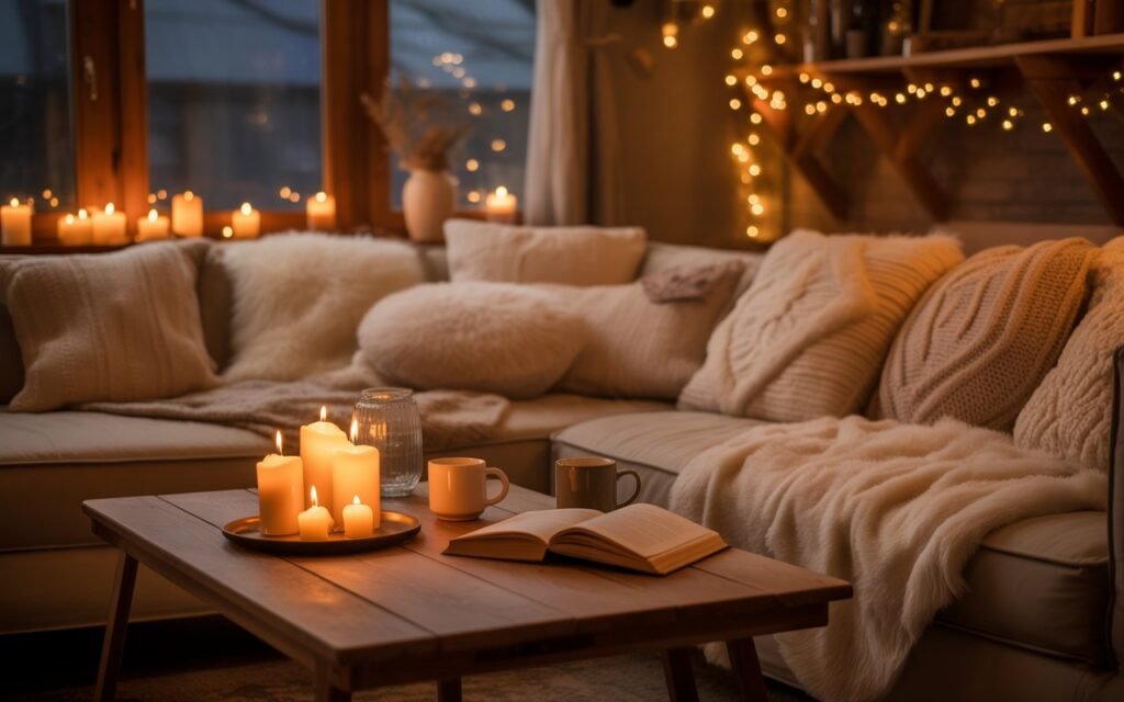 hygge living room night cozy vibe