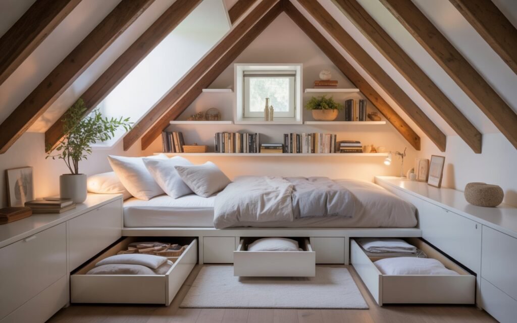 tiny attic bedroom with smart storage solutions