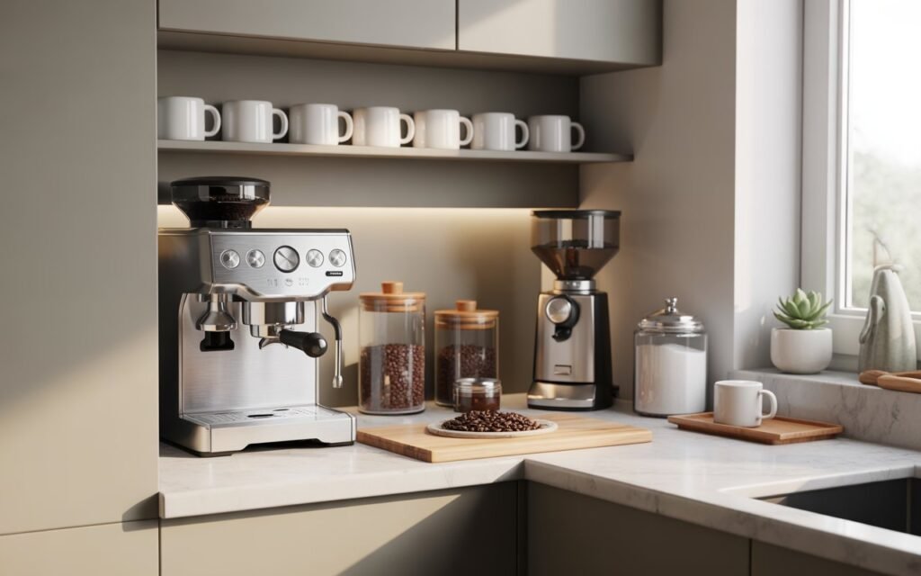 home coffee station in a clearly defined kitchen corner