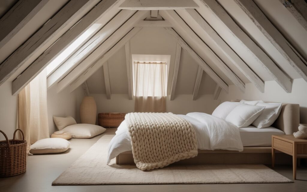 minimal attic bedroom with soft neutral tones
