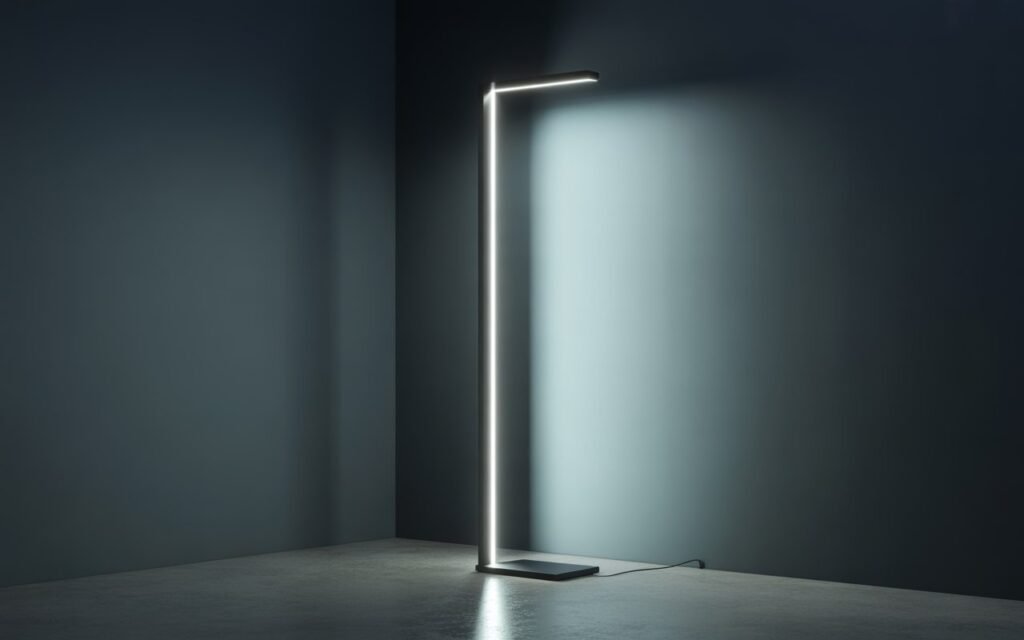 slim LED floor lamp in corner