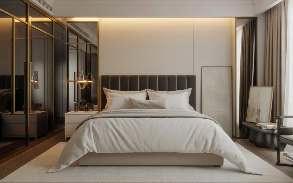 reflective accents in luxury bedroom design
