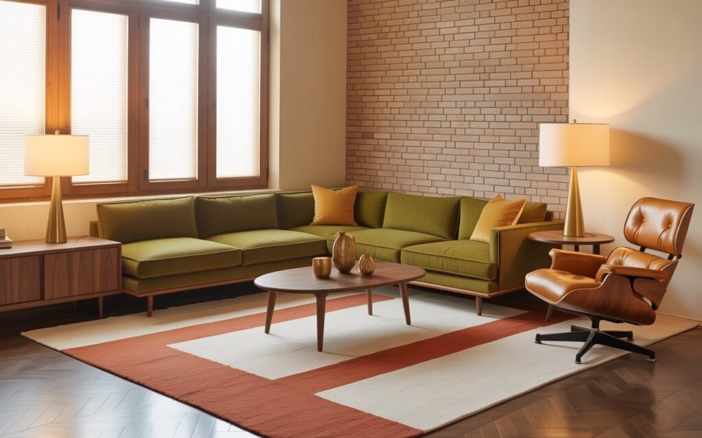 earthy tone mid century living room
