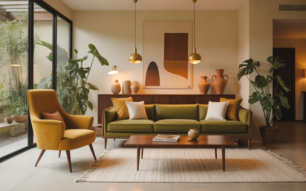 earthy tone mid century living room