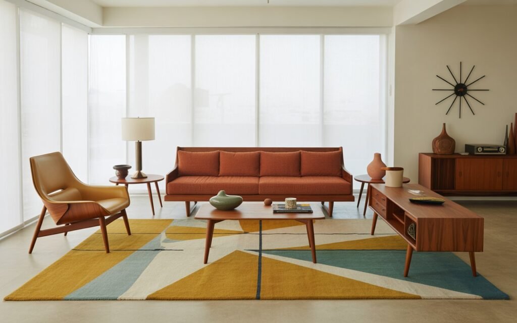 geometric rug mid century living room