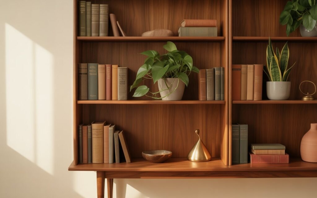 mid century bookshelf decor living room