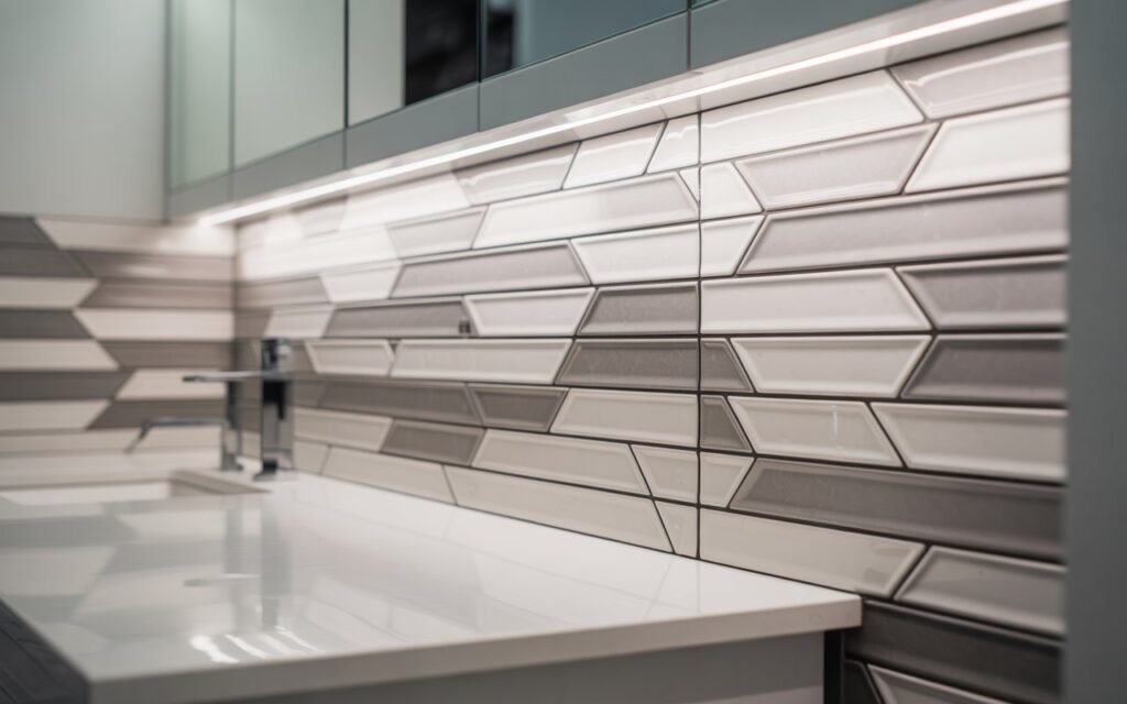 bathroom with peel and stick tile backsplash