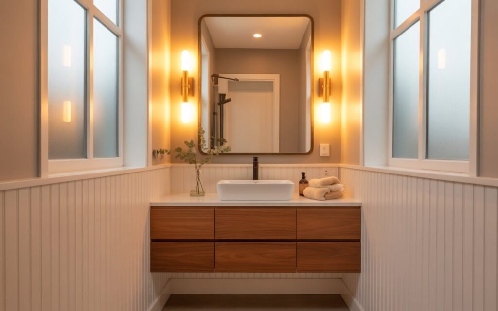 beadboard bathroom warm lighting