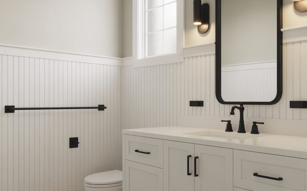 beadboard bathroom black fixtures
