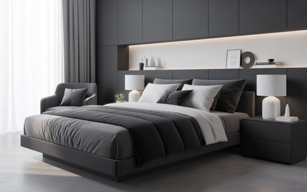 black grey bedroom white contrast