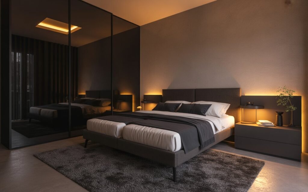 black grey bedroom warm lighting