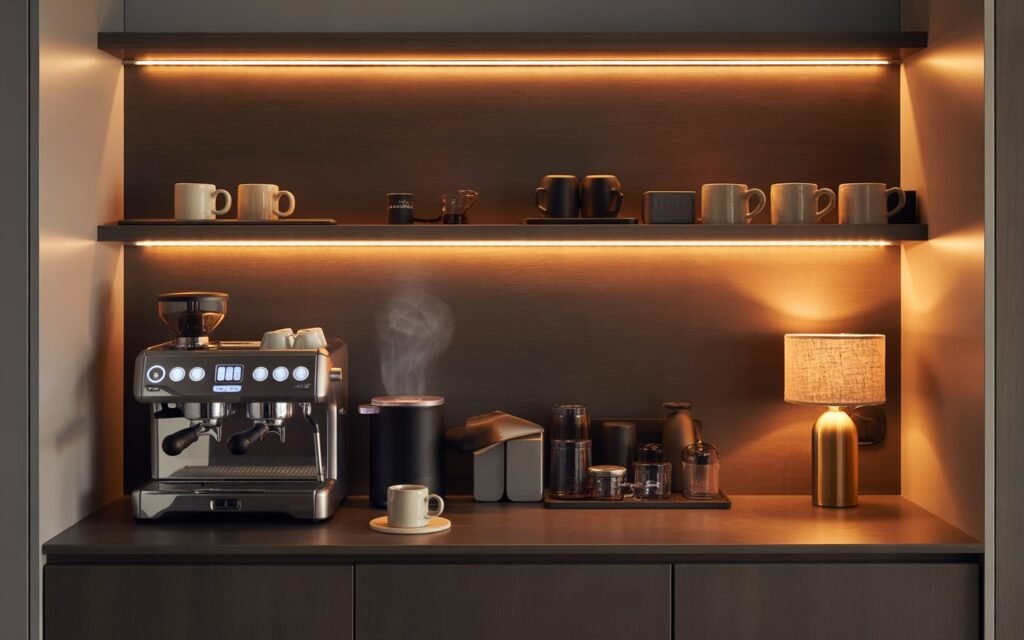 coffee station with layered warm lighting