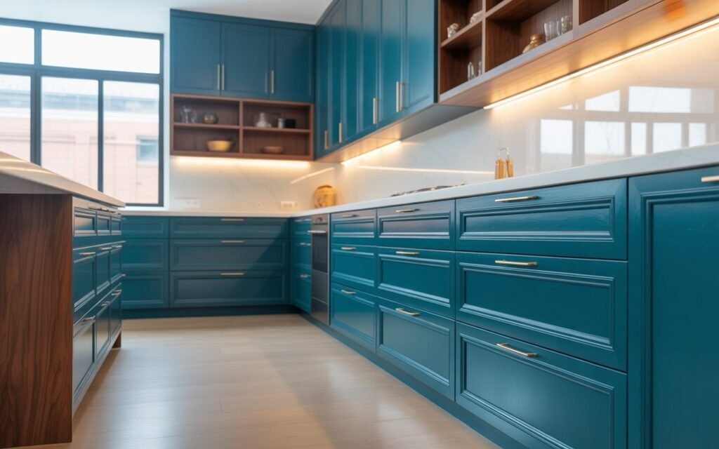 teal blue kitchen cabinets