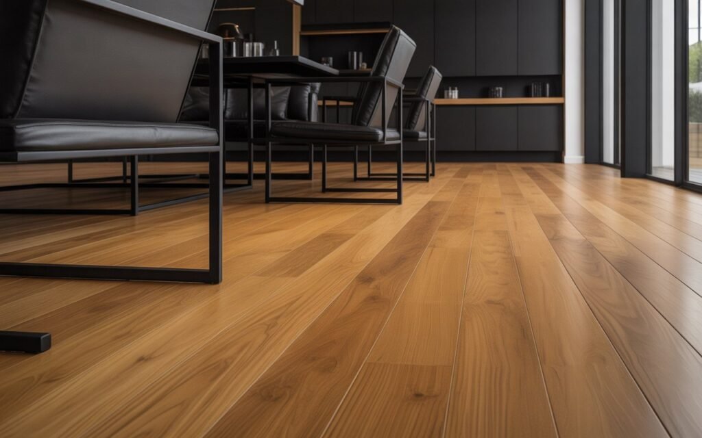 honey oak floors with black accents creating modern contrast