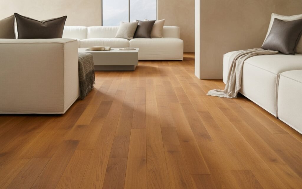 honey oak floors with neutral decor creating harmony