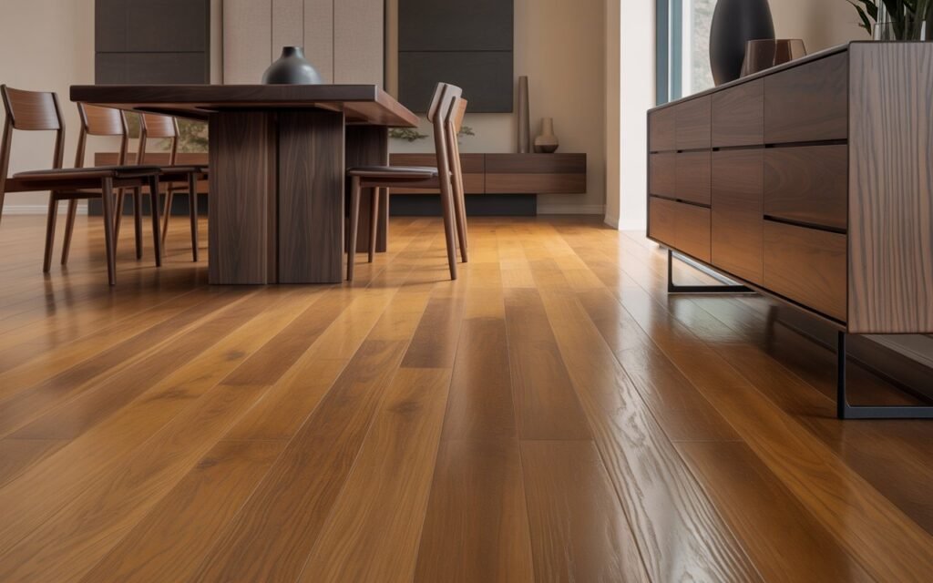 honey oak floors paired with darker wood furniture for contrast