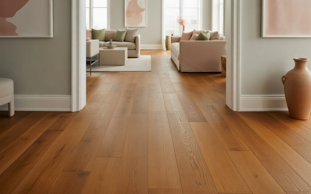honey oak floors with balanced modern color scheme