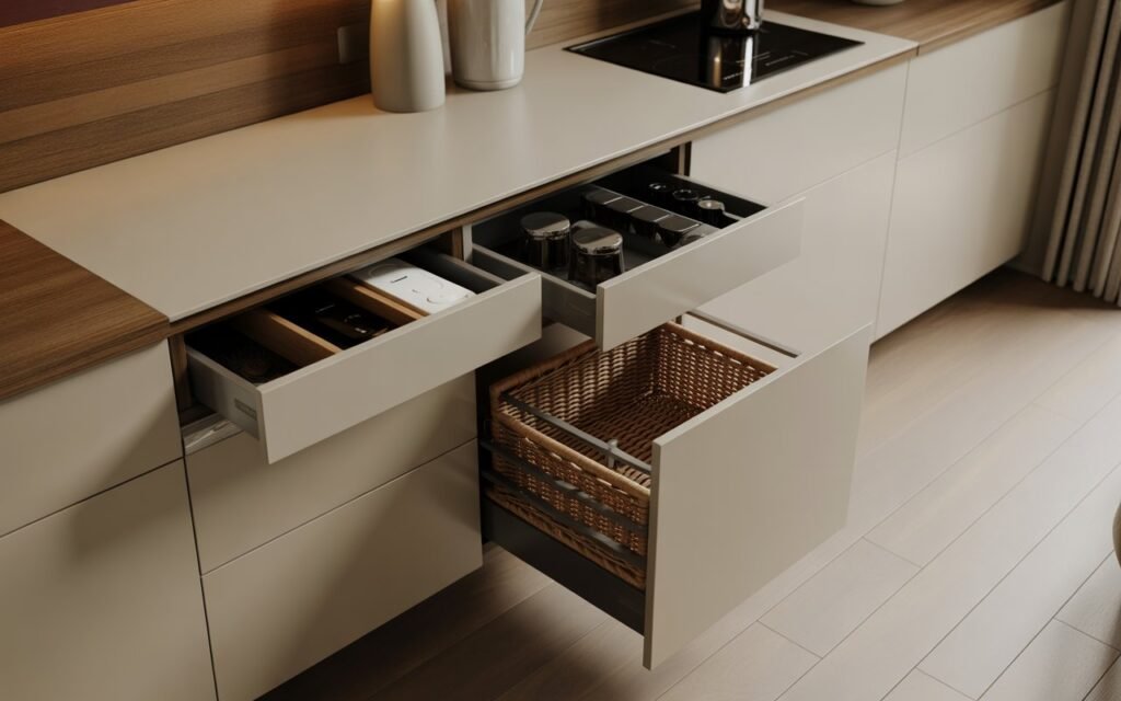 coffee station with hidden storage and clean surface