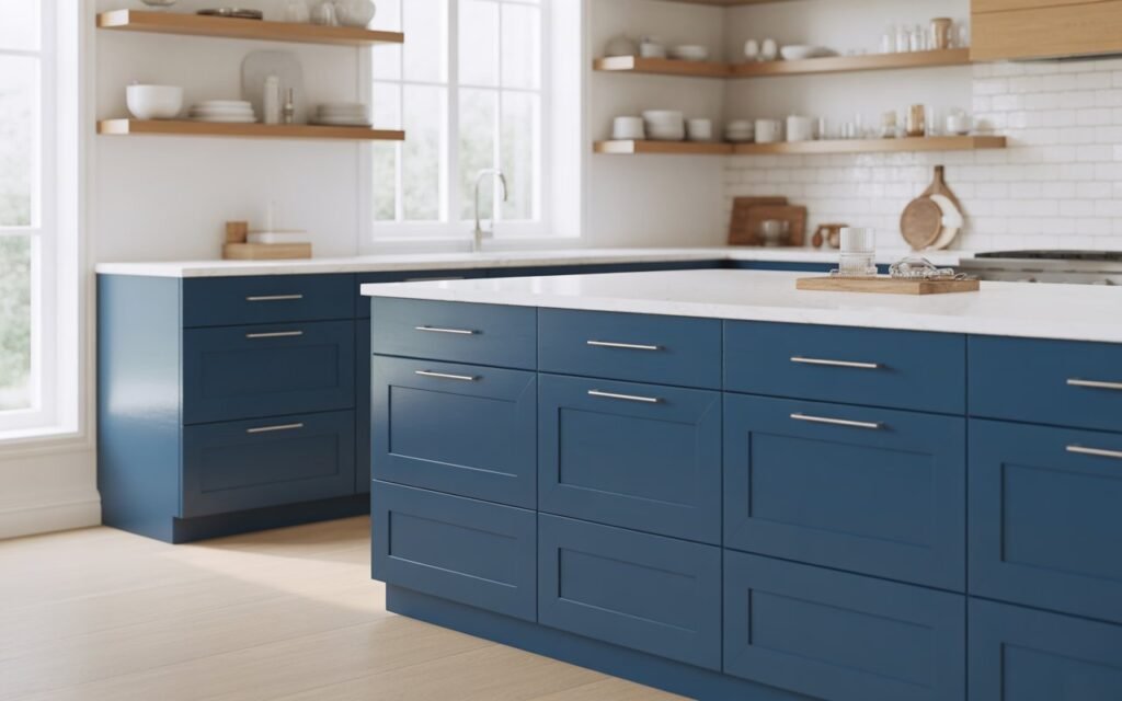 blue kitchen cabinets with open shelves