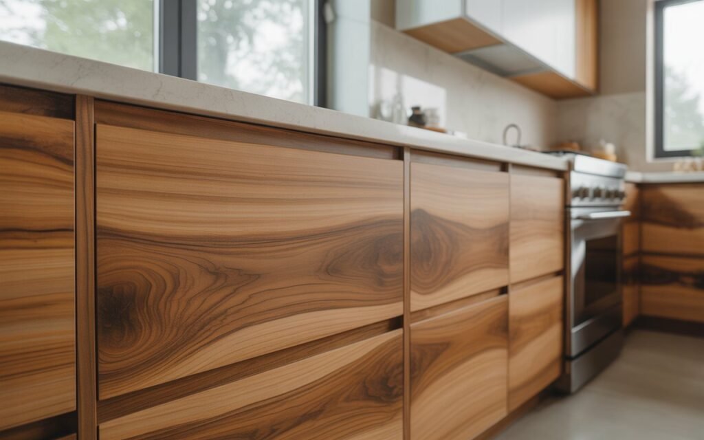 natural wood kitchen cabinets with visible grain