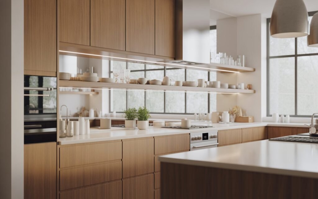 wooden kitchen cabinets with open shelves