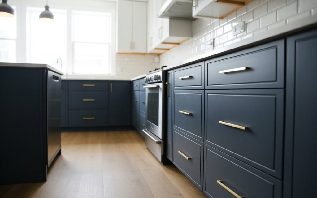 blue kitchen cabinets with balanced color scheme