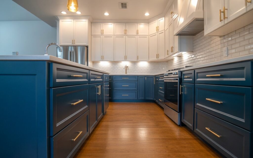 blue and white two tone kitchen cabinets