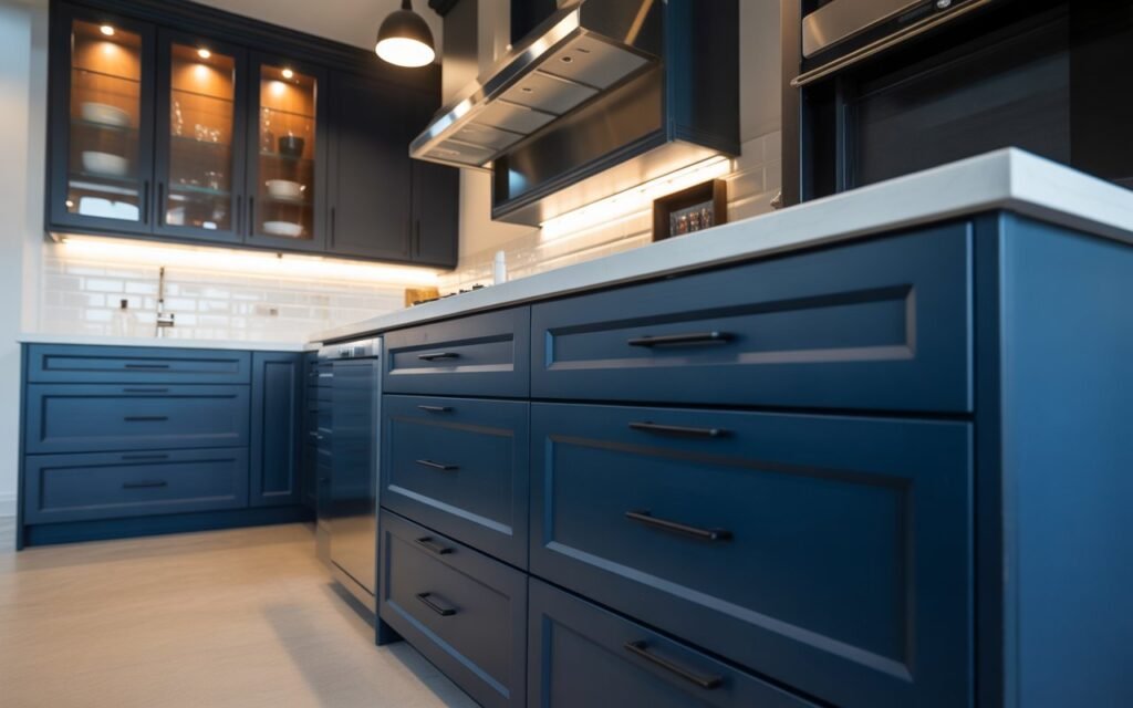 dark blue kitchen cabinets with black accents