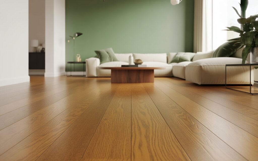 honey oak floors with soft colored accent wall