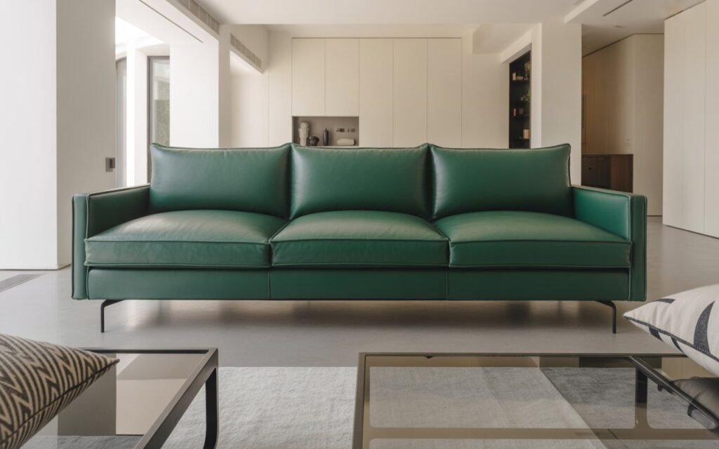 green sofa open layout living room