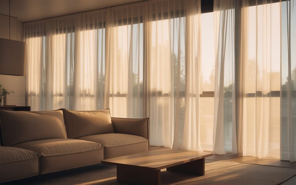 living room with sheer curtains diffusing natural sunlight in modern interior