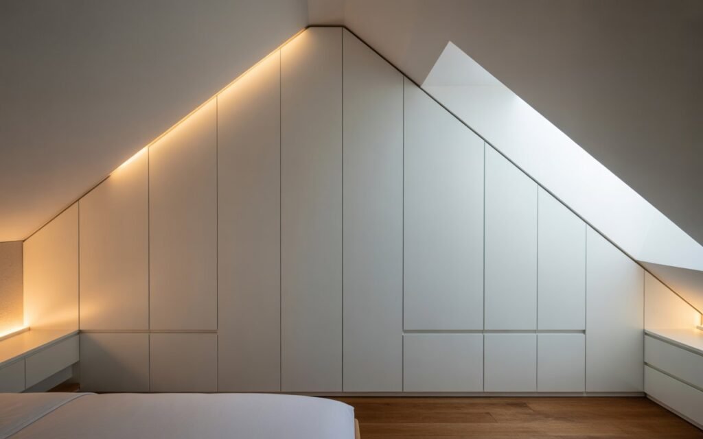 attic bedroom with hidden built in storage design