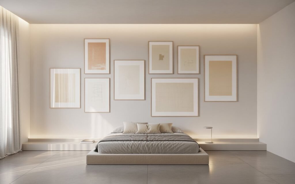 bedroom with minimal neutral wall art