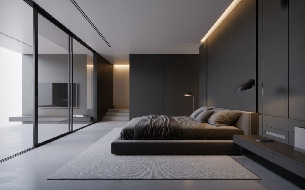black grey bedroom open layout