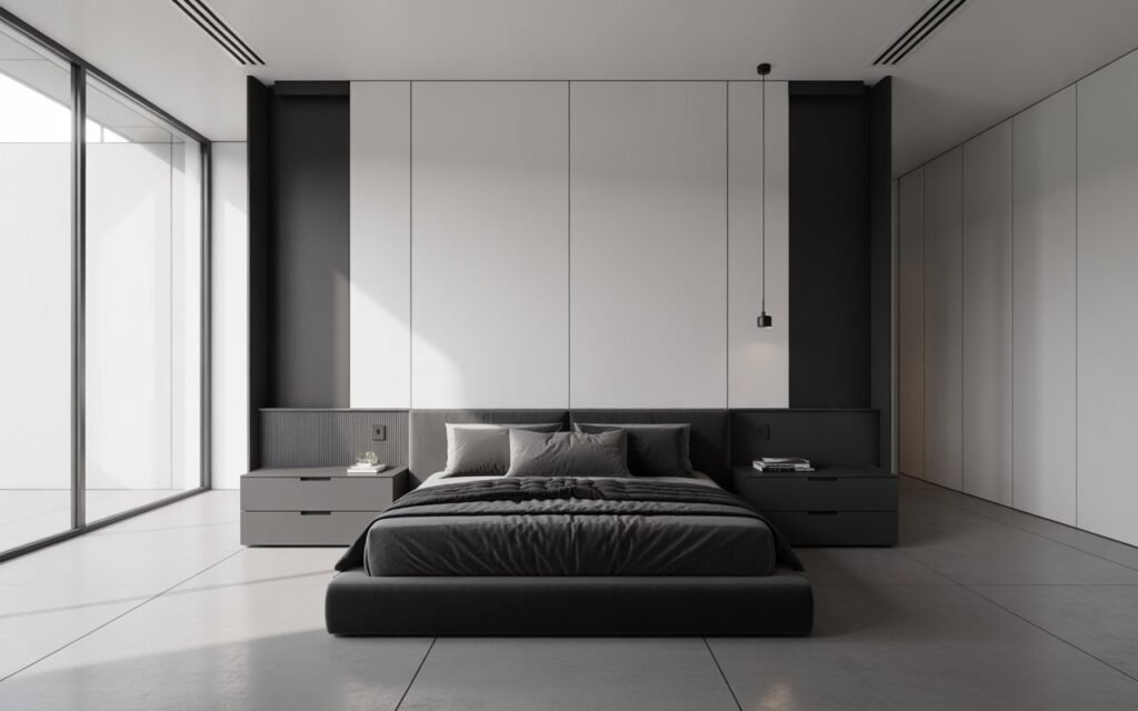 black grey bedroom clean lines