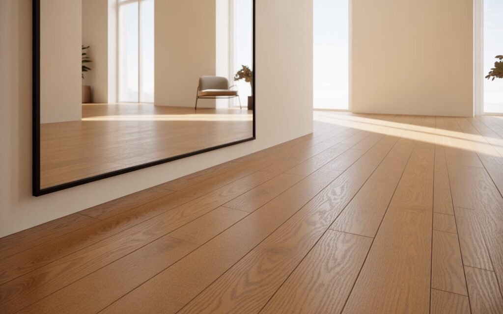 honey oak floors with mirror to reflect light and expand space