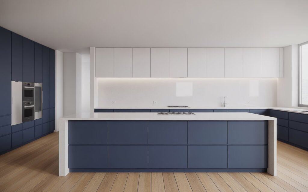 minimal kitchen with blue cabinets