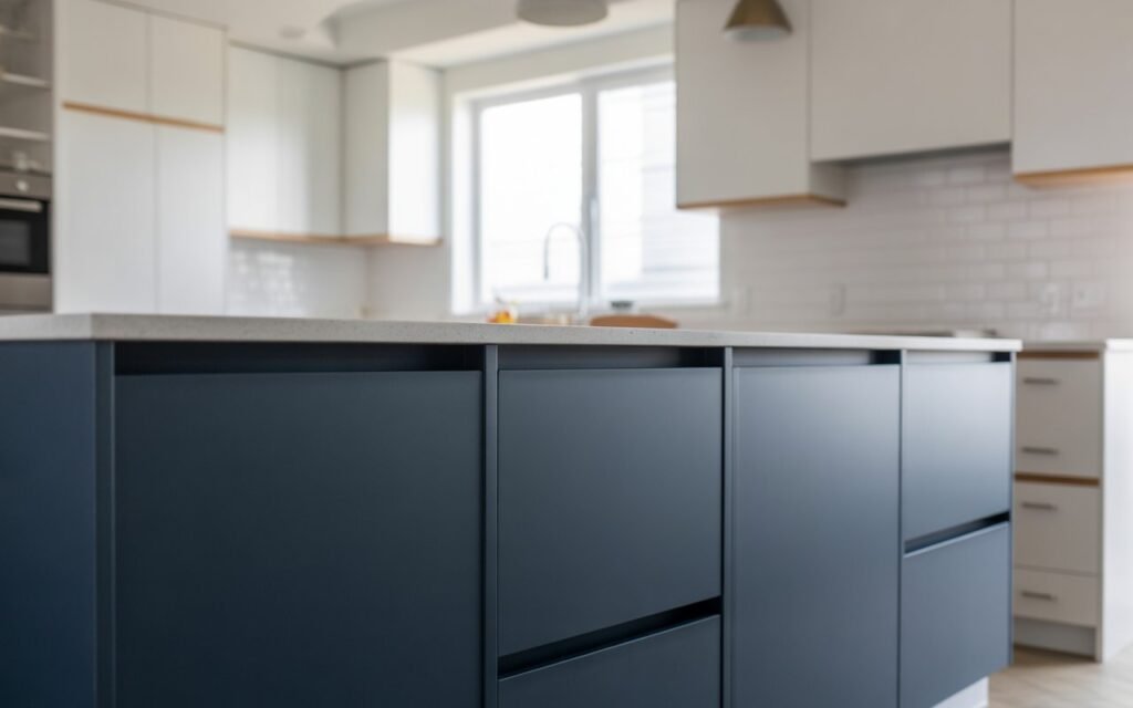 matte blue kitchen cabinets in minimalist design