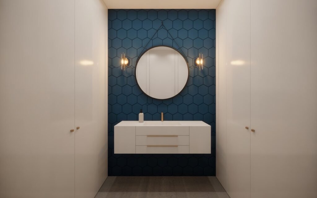 bathroom with modern accent wall behind vanity