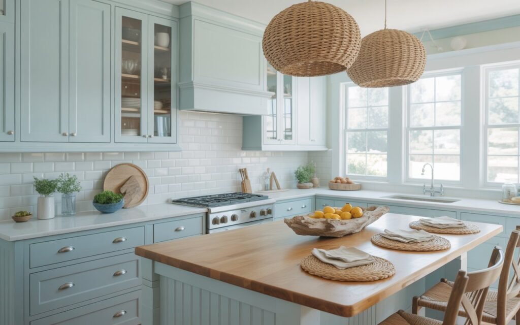 coastal kitchen with soft blue cabinets