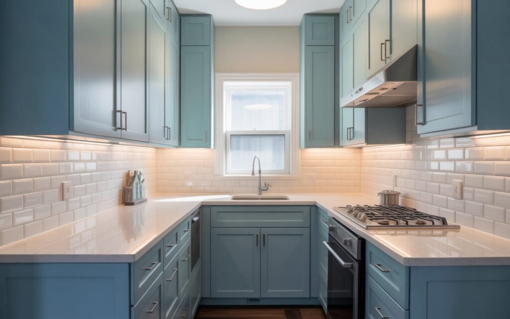small kitchen with light blue cabinets