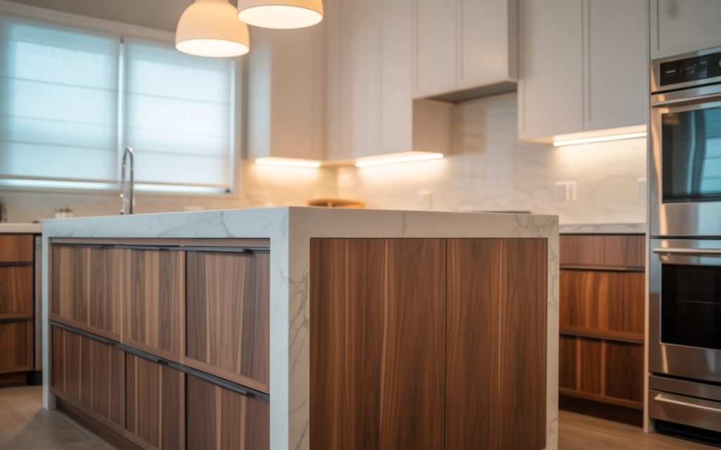 two tone wooden and white kitchen cabinets