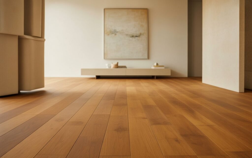 honey oak floors with minimal wall decor and clean design