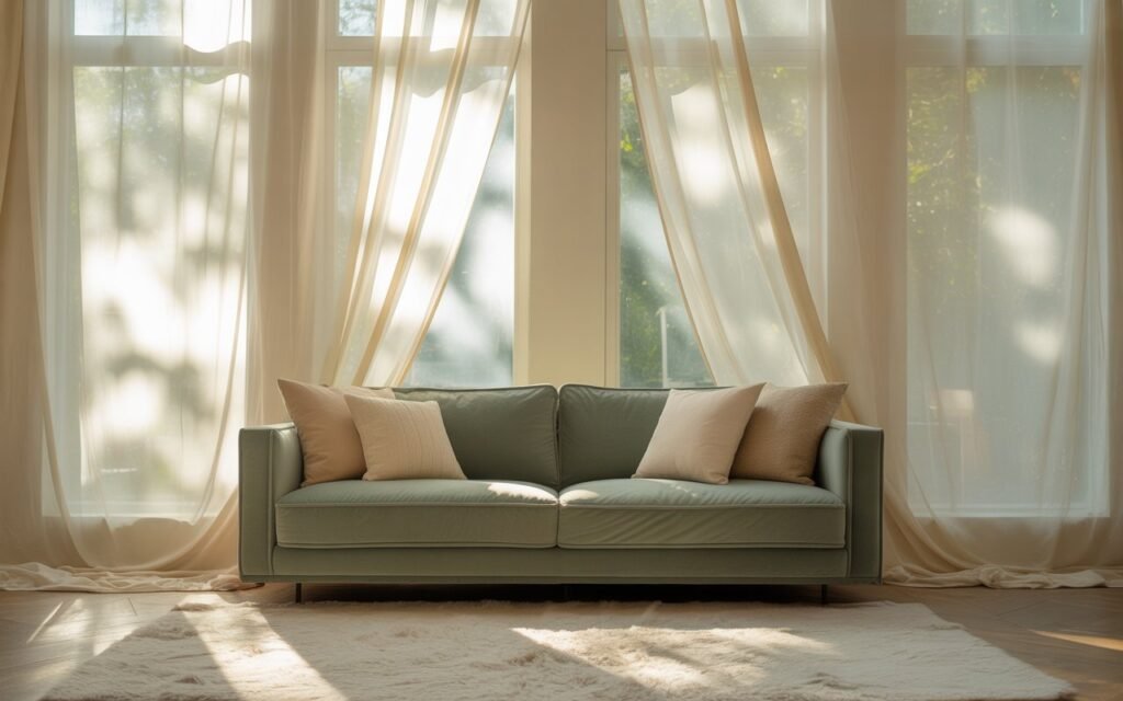 green sofa with light curtains