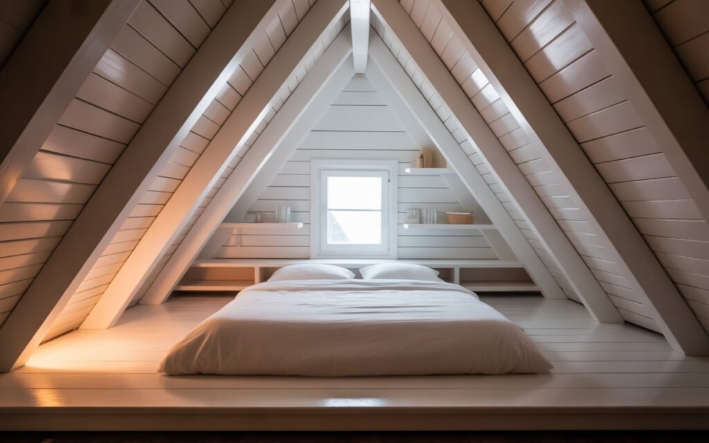 ultra small attic bedroom with low ceiling and smart layout