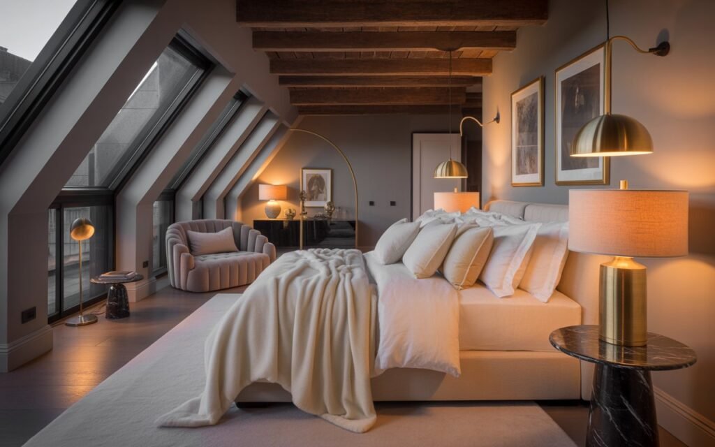 luxury attic bedroom with plush bedding and elegant decor