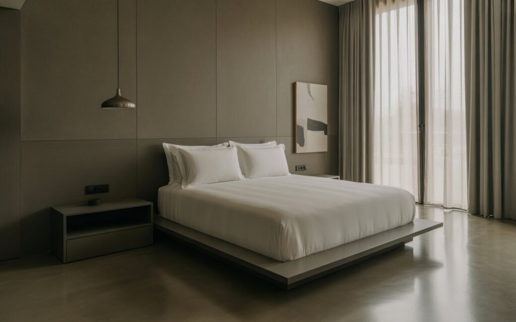 minimal black grey bedroom decor, clean aesthetic, modern look