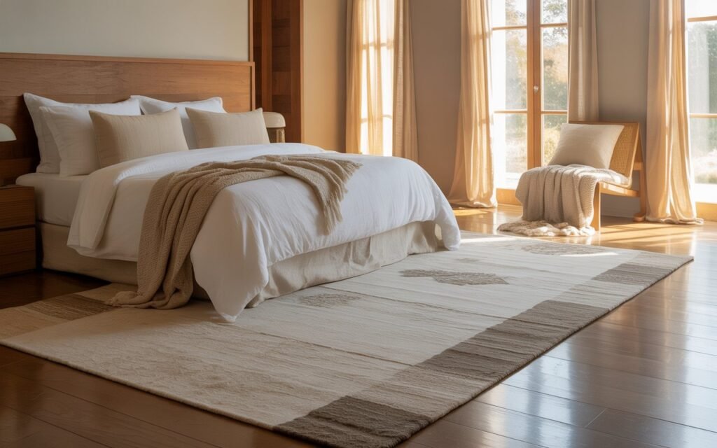 bedroom with neutral rug grounding the space