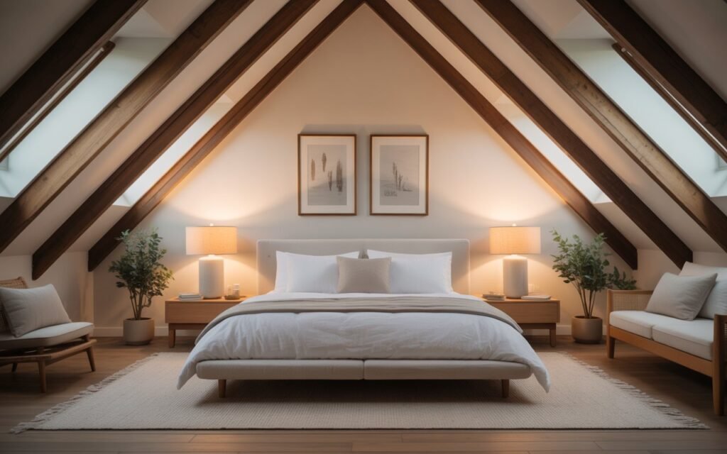 attic bedroom with balanced furniture and symmetrical decor layout