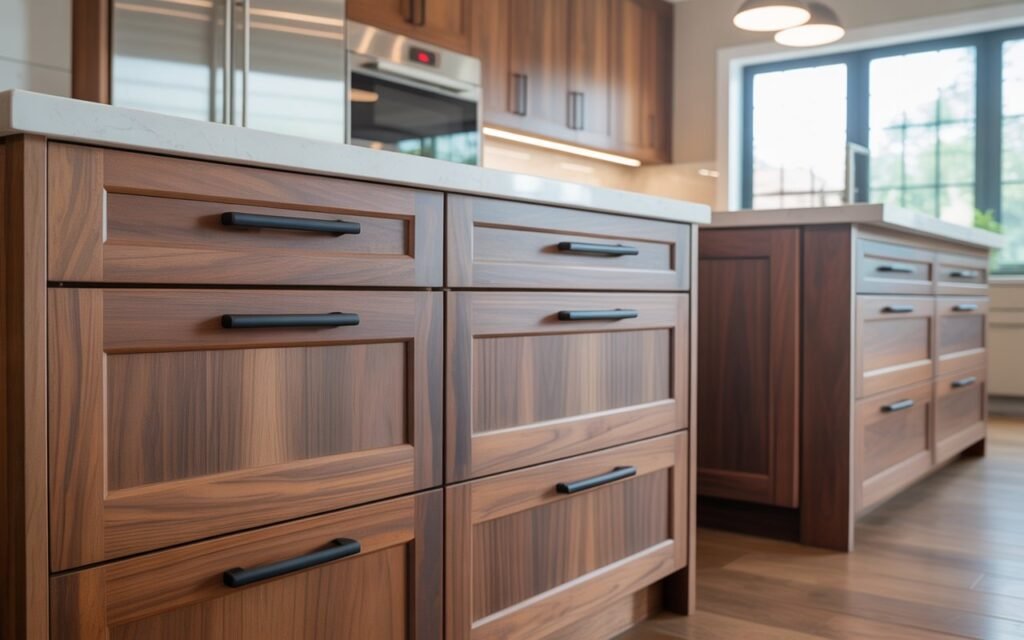 wooden kitchen cabinets with black accents